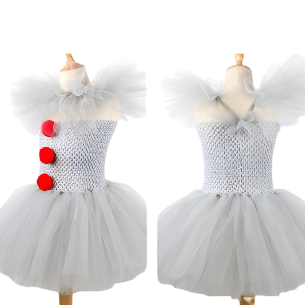 Kids' Halloween Clown Costume and Outfit with Tutu Dress Pom-Poms Collar and Gloves for Party - Image 6