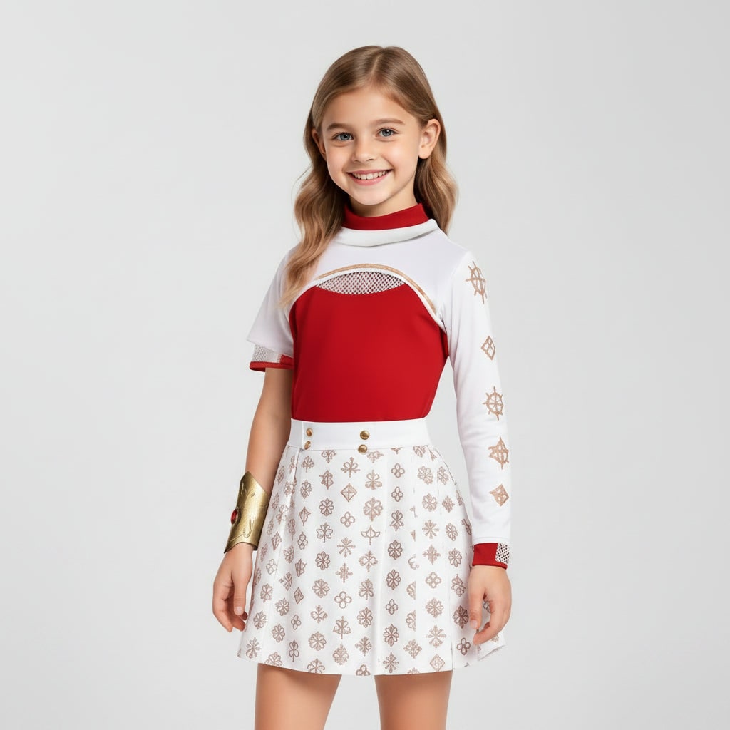 Kids' Halloween Cosplay Costume Anime Character Red High-Neck Top with Gold Geometric Details - Image 1