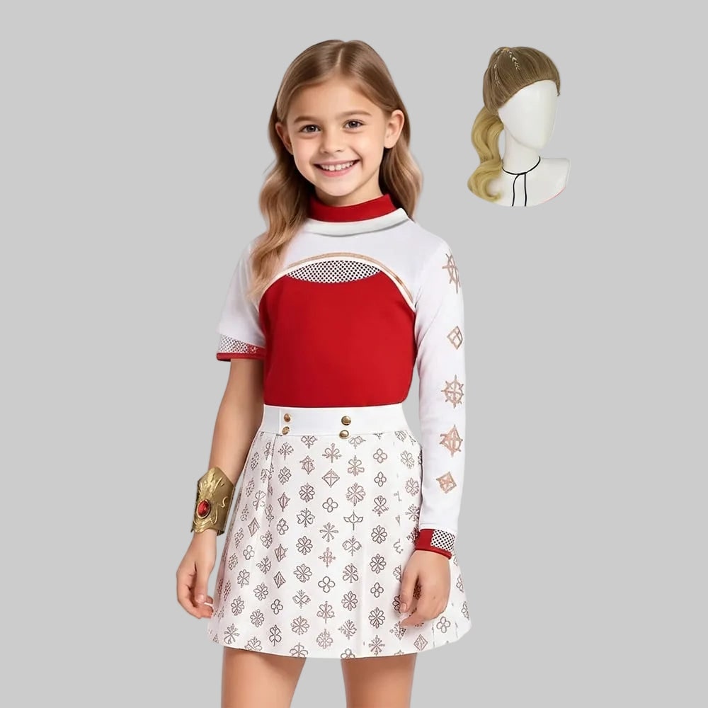 Kids' Halloween Cosplay Costume Anime Character Red High-Neck Top with Gold Geometric Details - Image 3