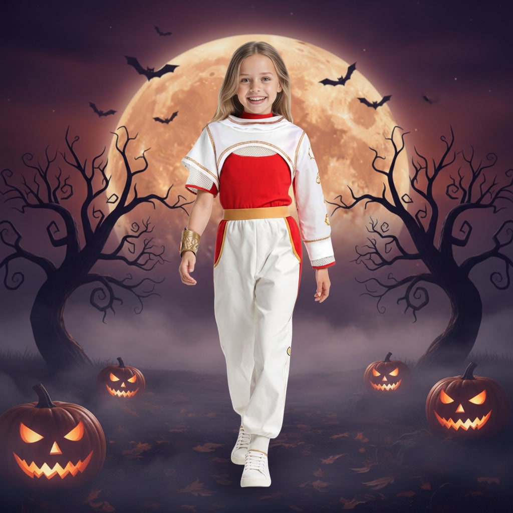 Kids' Halloween Cosplay Costume Jumpsuit Red White with Blonde Asymmetrical Sleeves Gold Accents - Image 1