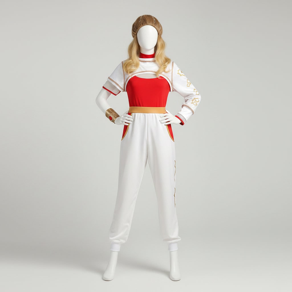 Kids' Halloween Cosplay Costume Jumpsuit Red White with Blonde Asymmetrical Sleeves Gold Accents - Image 3