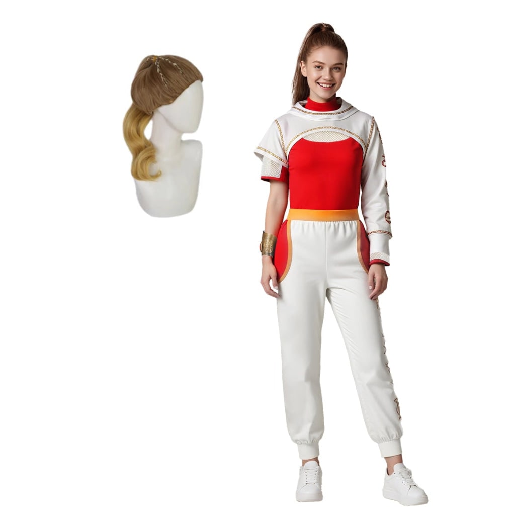 Kids' Halloween Cosplay Costume Jumpsuit Red White with Blonde Asymmetrical Sleeves Gold Accents - Image 4