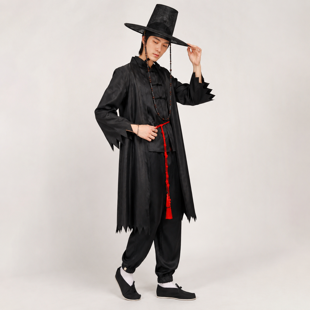 Kids' Halloween Cosplay Costume Korean Hanbok with Hat Accessories and Silver Flame Patterns - Image 6