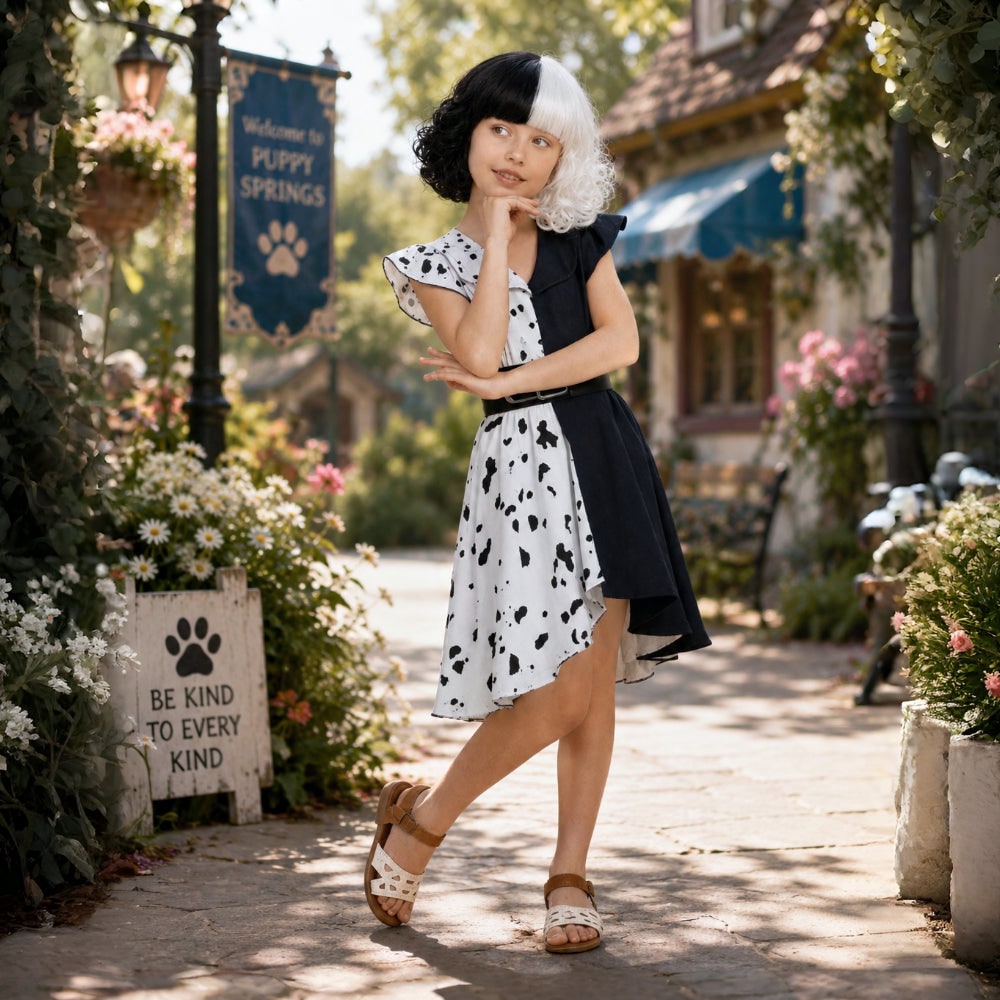 Kids' Halloween Costume for Cruella De Vil with Cape and Wig Character Cosplay Outfit - Image 1