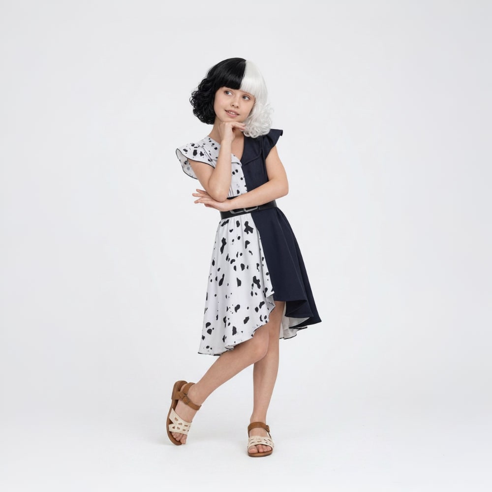 Kids' Halloween Costume for Cruella De Vil with Cape and Wig Character Cosplay Outfit - Image 2