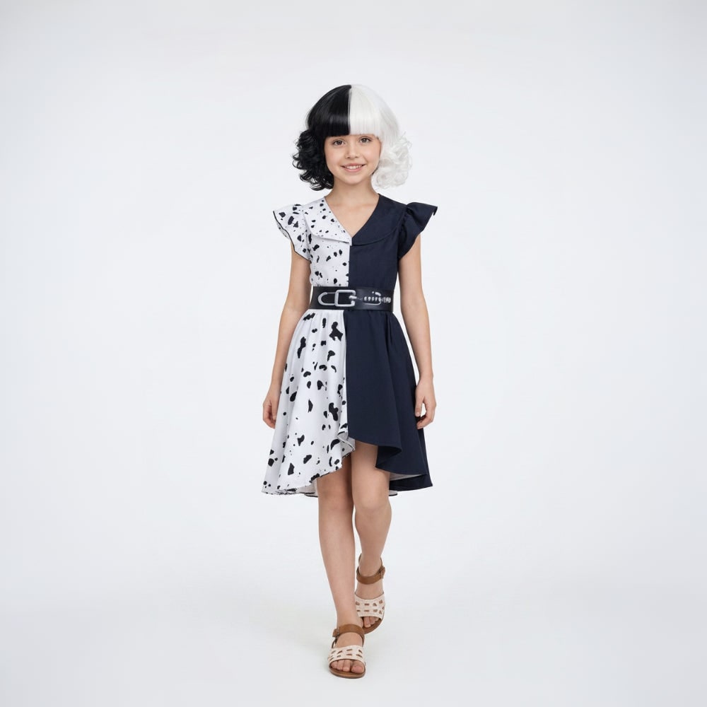 Kids' Halloween Costume for Cruella De Vil with Cape and Wig Character Cosplay Outfit - Image 3