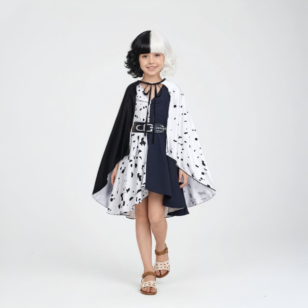 Kids' Halloween Costume for Cruella De Vil with Cape and Wig Character Cosplay Outfit - Image 4
