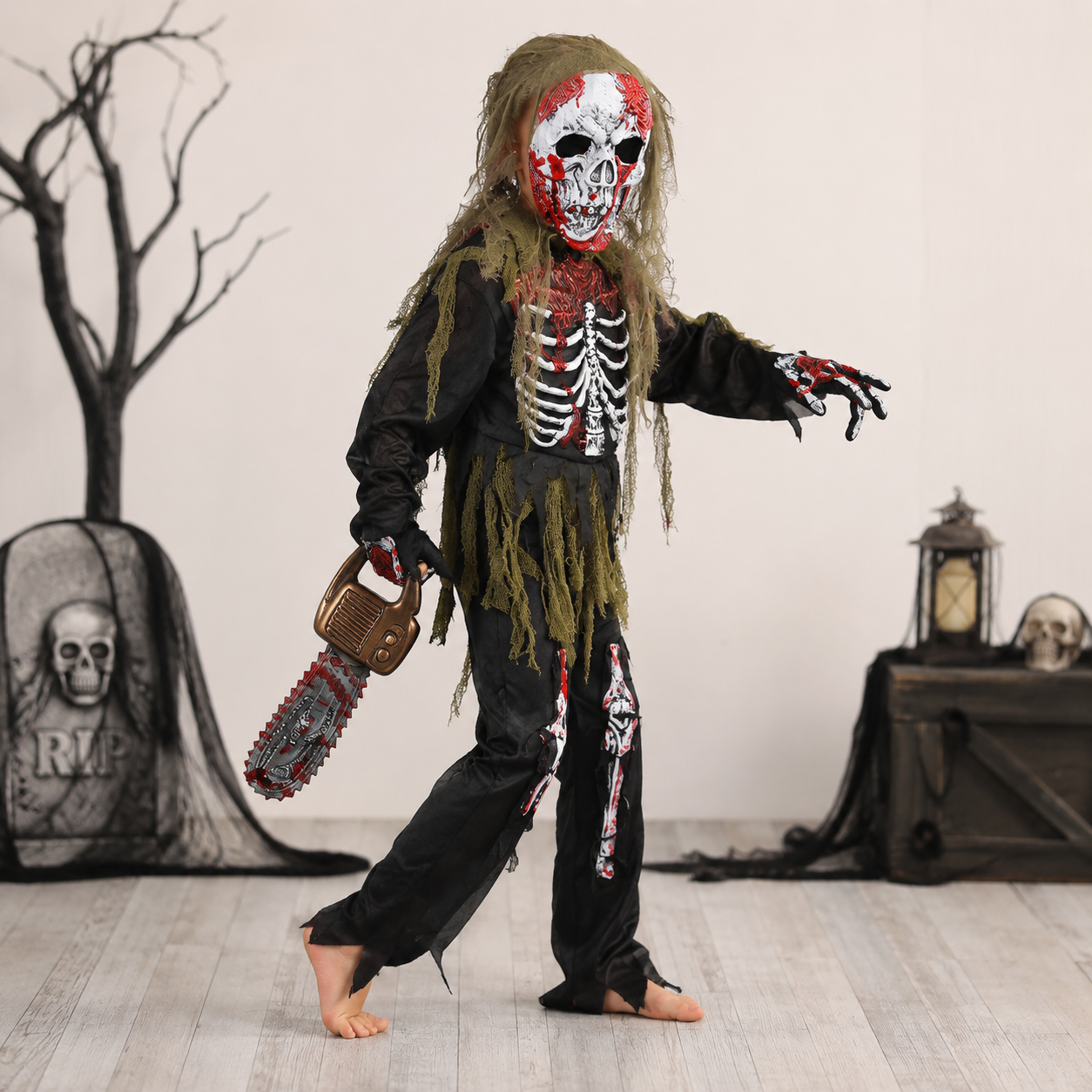 Kids' Halloween Costume Zombie Skeleton with Mask and Gloves Three Piece Set - Image 1