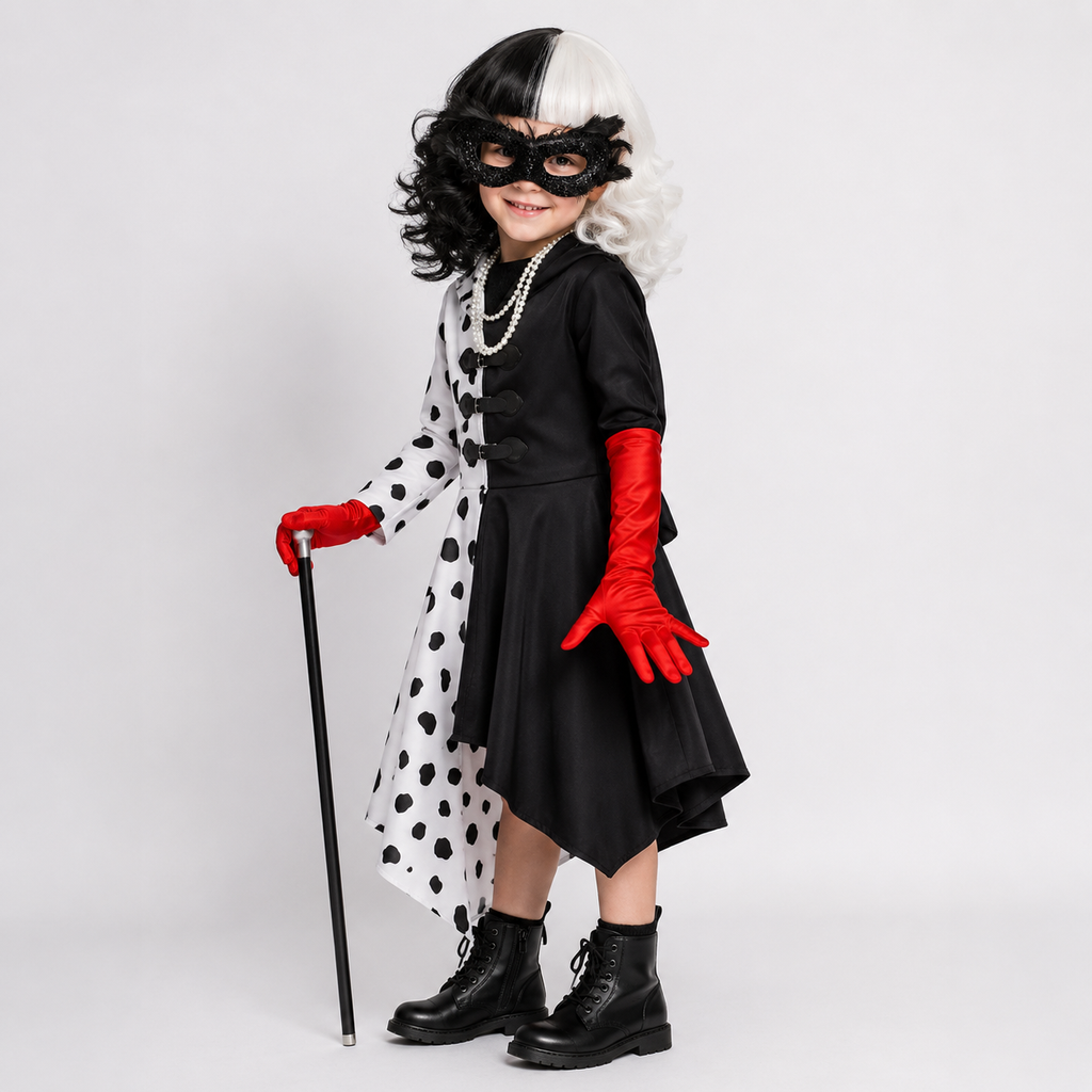 Kids' Halloween Cruella Costume Dress with Half-Spotted Design Hooded Neckline and Zipper Closure - Image 1