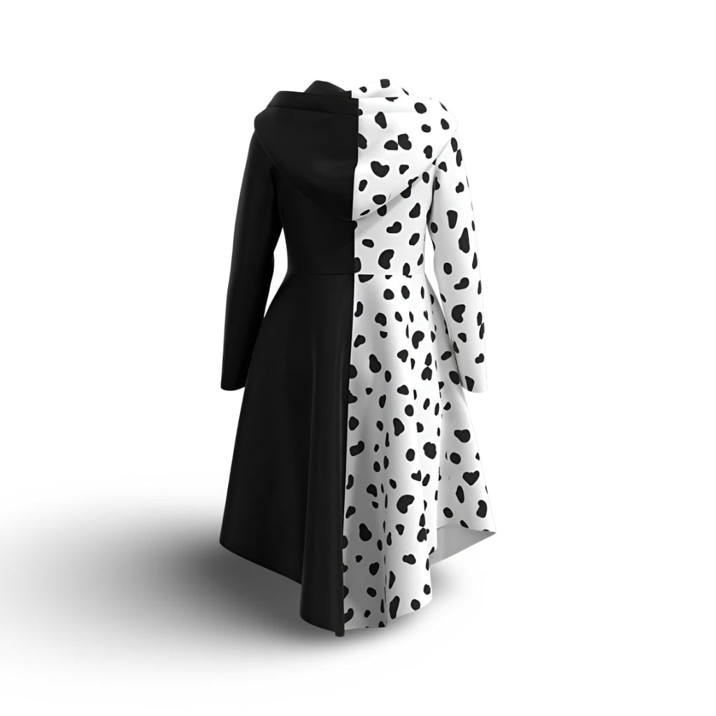 Kids' Halloween Cruella Costume Dress with Half-Spotted Design Hooded Neckline and Zipper Closure - Image 3