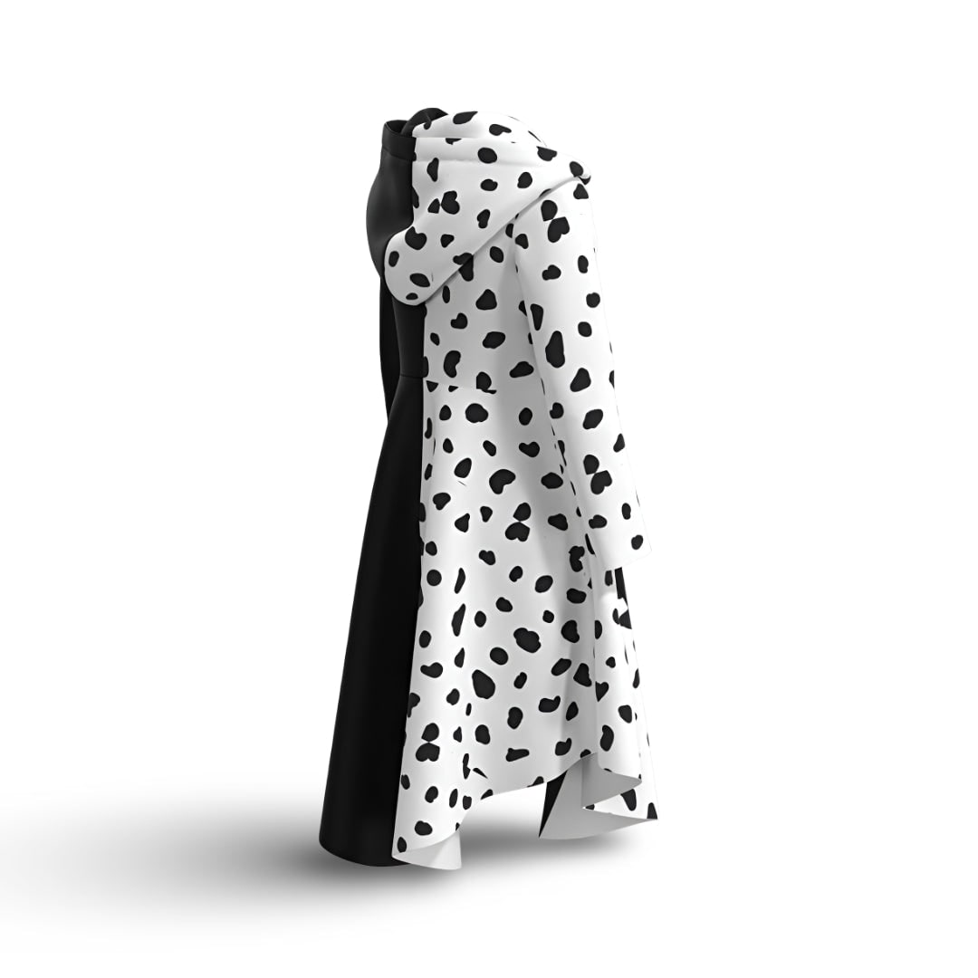 Kids' Halloween Cruella Costume Dress with Half-Spotted Design Hooded Neckline and Zipper Closure - Image 6