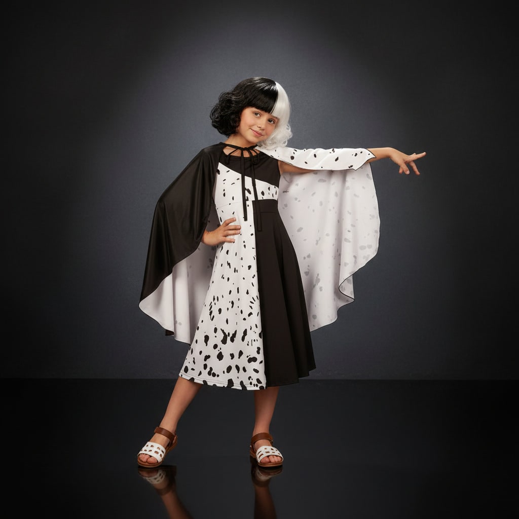 Kids' Halloween Cruella De Vil Costume Outfit with Split Black and White Dress Cape Deville Wig - Image 1