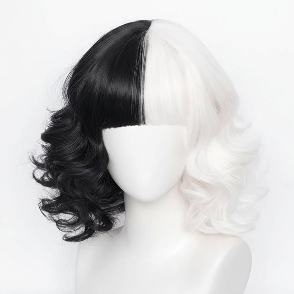 Kids' Halloween Cruella De Vil Costume Outfit with Split Black and White Dress Cape Deville Wig - Image 3