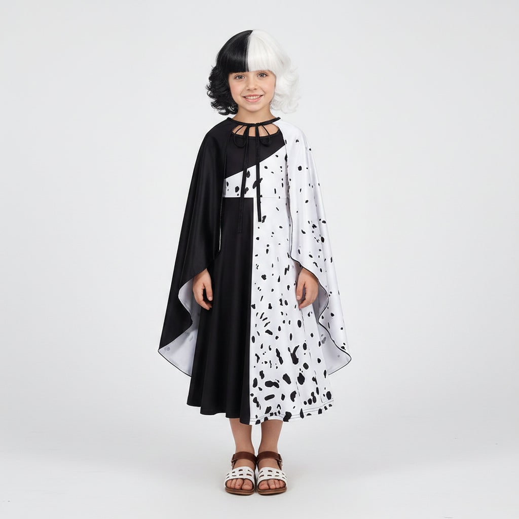 Kids' Halloween Cruella De Vil Costume Outfit with Split Black and White Dress Cape Deville Wig - Image 4