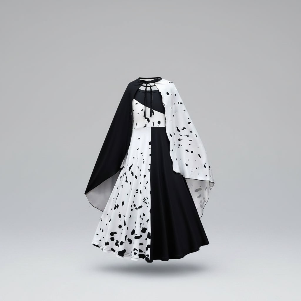Kids' Halloween Cruella De Vil Costume Outfit with Split Black and White Dress Cape Deville Wig - Image 5