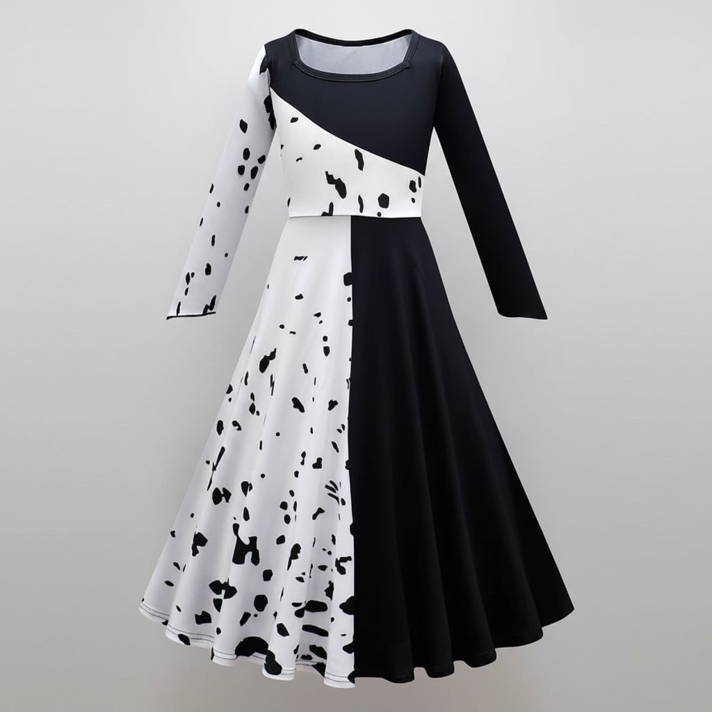 Kids' Halloween Cruella De Vil Costume Outfit with Split Black and White Dress Cape Deville Wig - Image 6