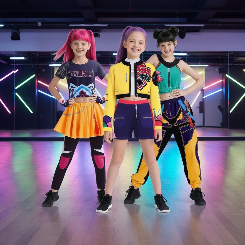 Kids' Halloween Dance Costume Pop Star and Rock Outfit with Geometric Patterns and Crop Top - Image 1
