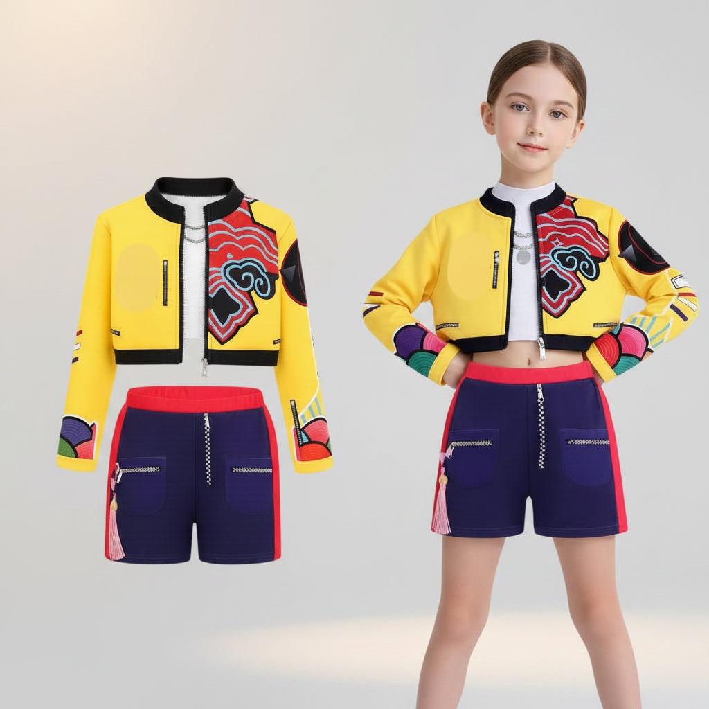 Kids' Halloween Dance Costume Pop Star and Rock Outfit with Geometric Patterns and Crop Top - Image 2
