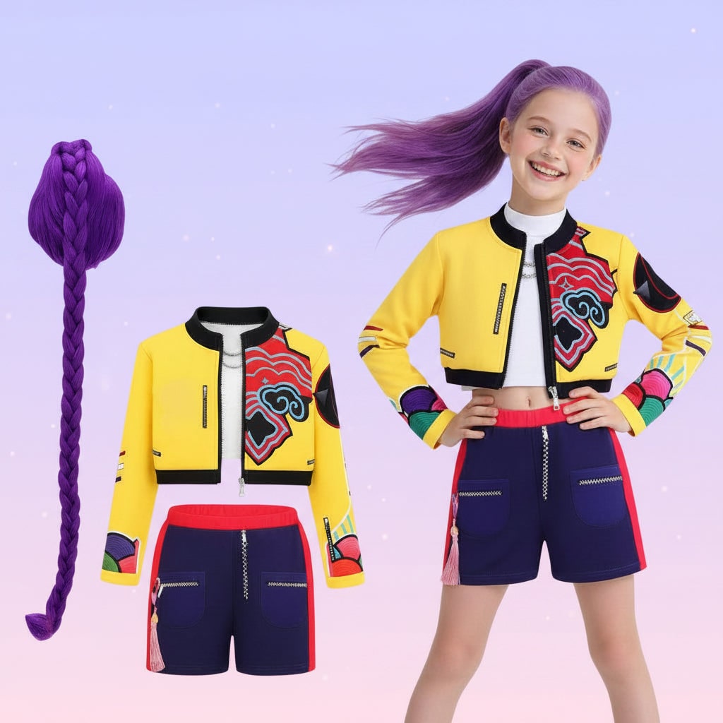 Kids' Halloween Dance Costume Pop Star and Rock Outfit with Geometric Patterns and Crop Top - Image 3