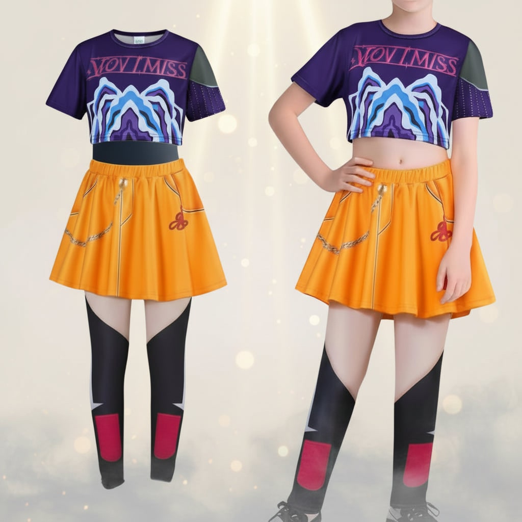 Kids' Halloween Dance Costume Pop Star and Rock Outfit with Geometric Patterns and Crop Top - Image 4