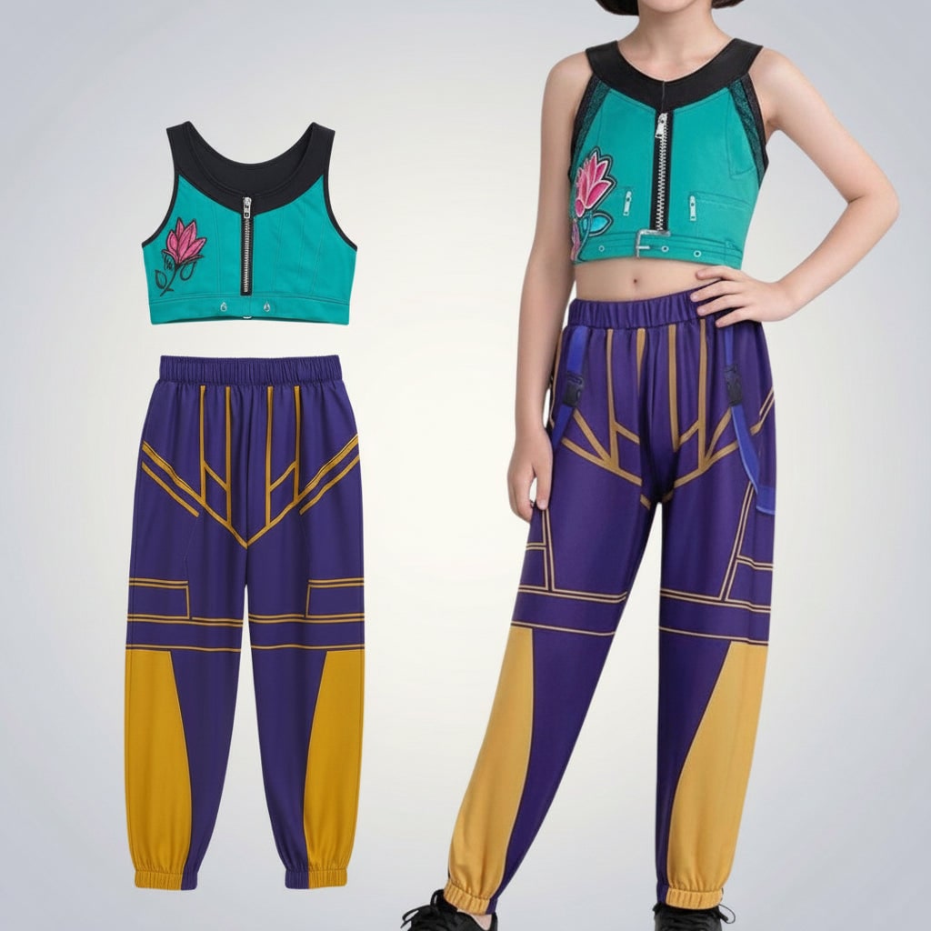 Kids' Halloween Dance Costume Pop Star and Rock Outfit with Geometric Patterns and Crop Top - Image 6