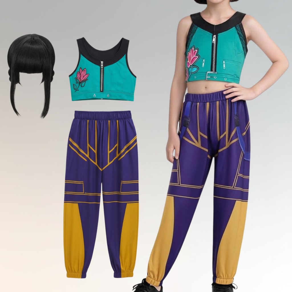 Kids' Halloween Dance Costume Pop Star and Rock Outfit with Geometric Patterns and Crop Top - Image 7