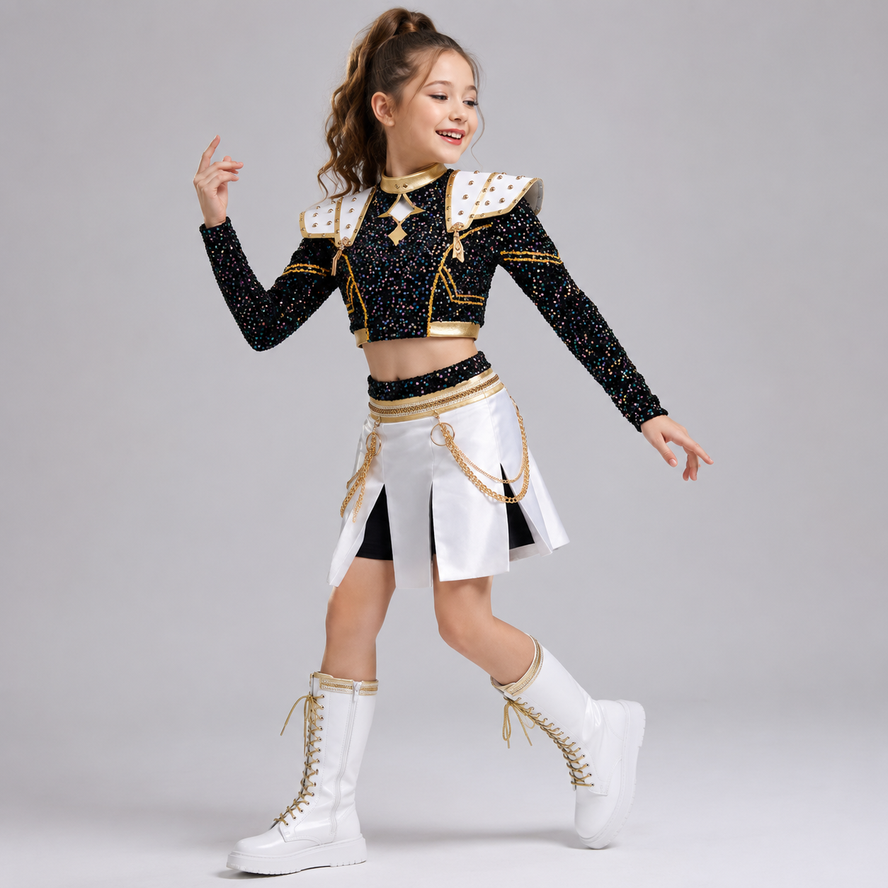 Kids' Halloween Dance Costume Sequined Two Piece Set with Gold Trim and Detachable Shoulder Armor - Image 1