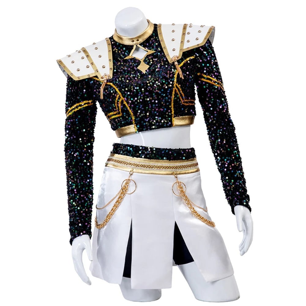 Kids' Halloween Dance Costume Sequined Two Piece Set with Gold Trim and Detachable Shoulder Armor - Image 3