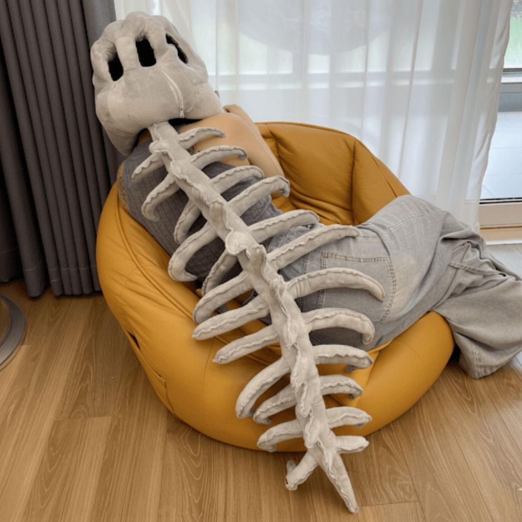 Kids' Halloween Dinosaur Skeleton T Rex Costume with Plush Hood and Attached Spine for Party Dress-Up - Image 1