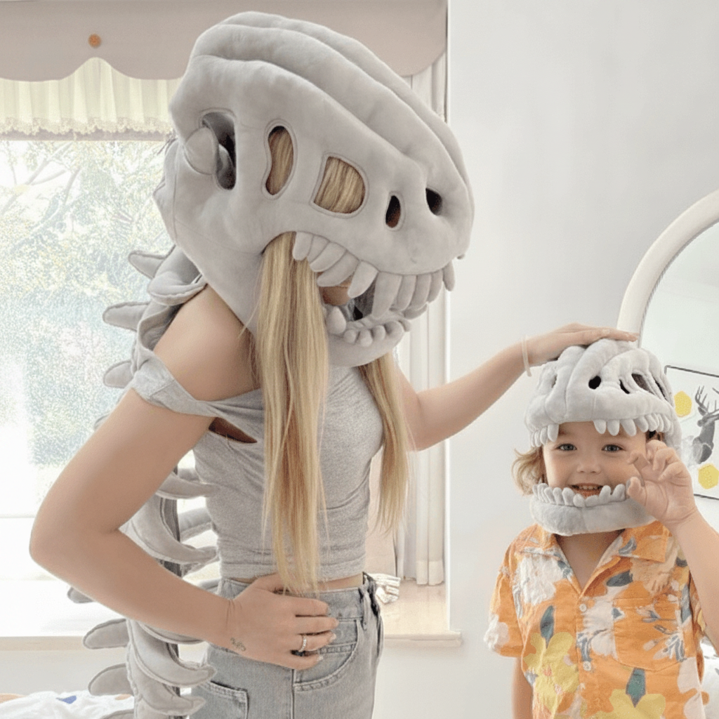 Kids' Halloween Dinosaur Skeleton T Rex Costume with Plush Hood and Attached Spine for Party Dress-Up - Image 2