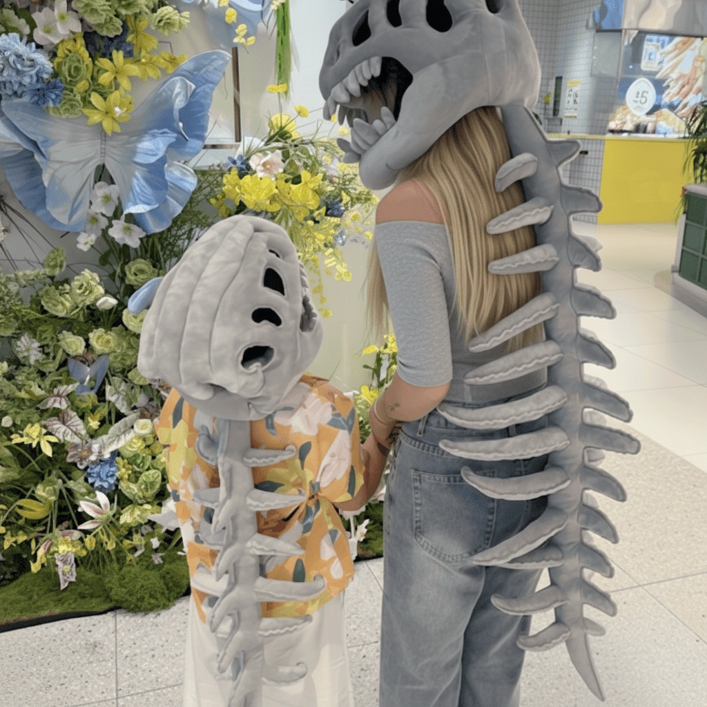 Kids' Halloween Dinosaur Skeleton T Rex Costume with Plush Hood and Attached Spine for Party Dress-Up - Image 3
