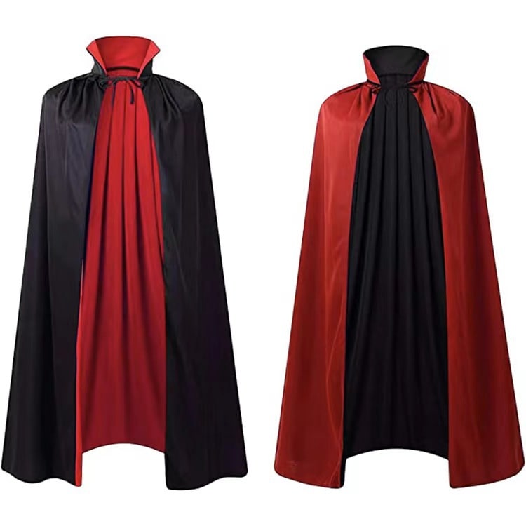 Kids' Halloween Dracula Vampire Cape and Hood Costume with Reversible Red Satin for Party Dress-Up - Image 1