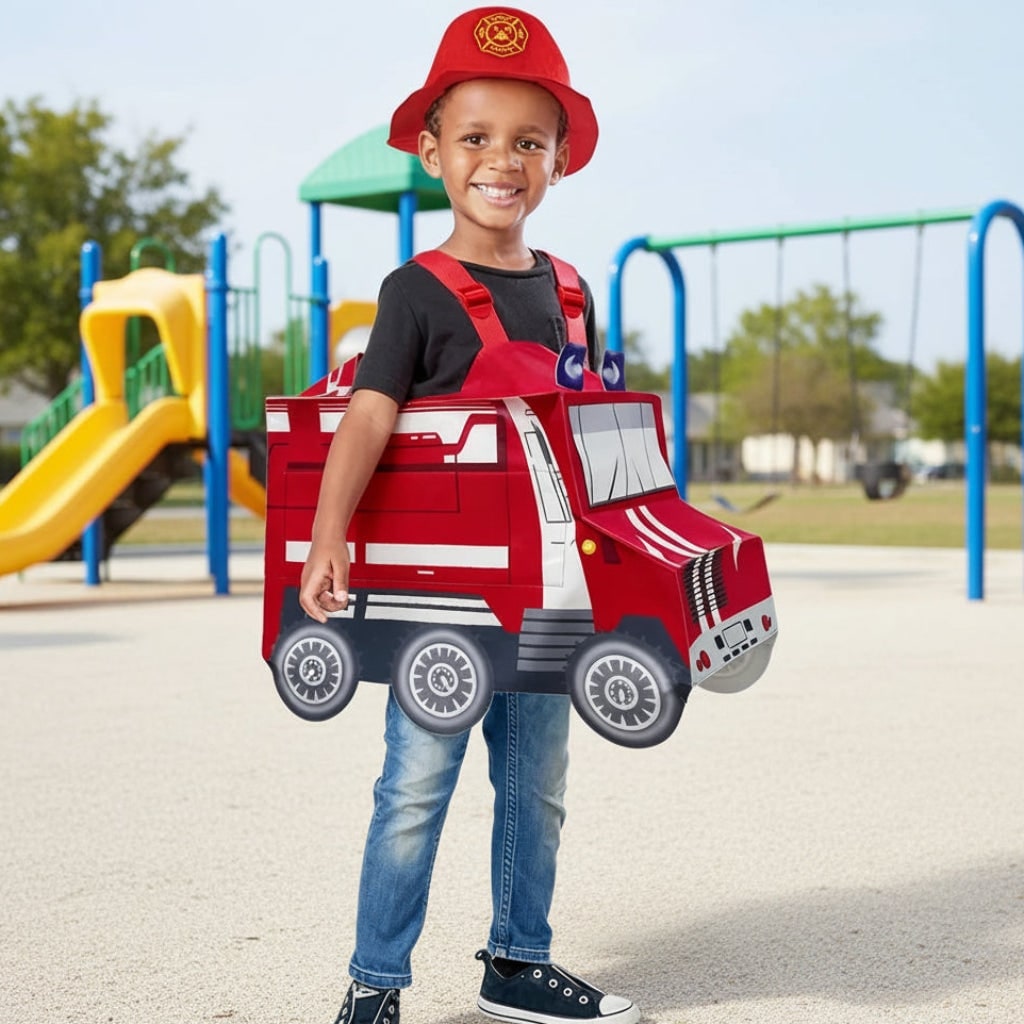 Kids' Halloween Firefighter Costume Dress Up Outfit with Hat and Reflective Stripes - Image 1