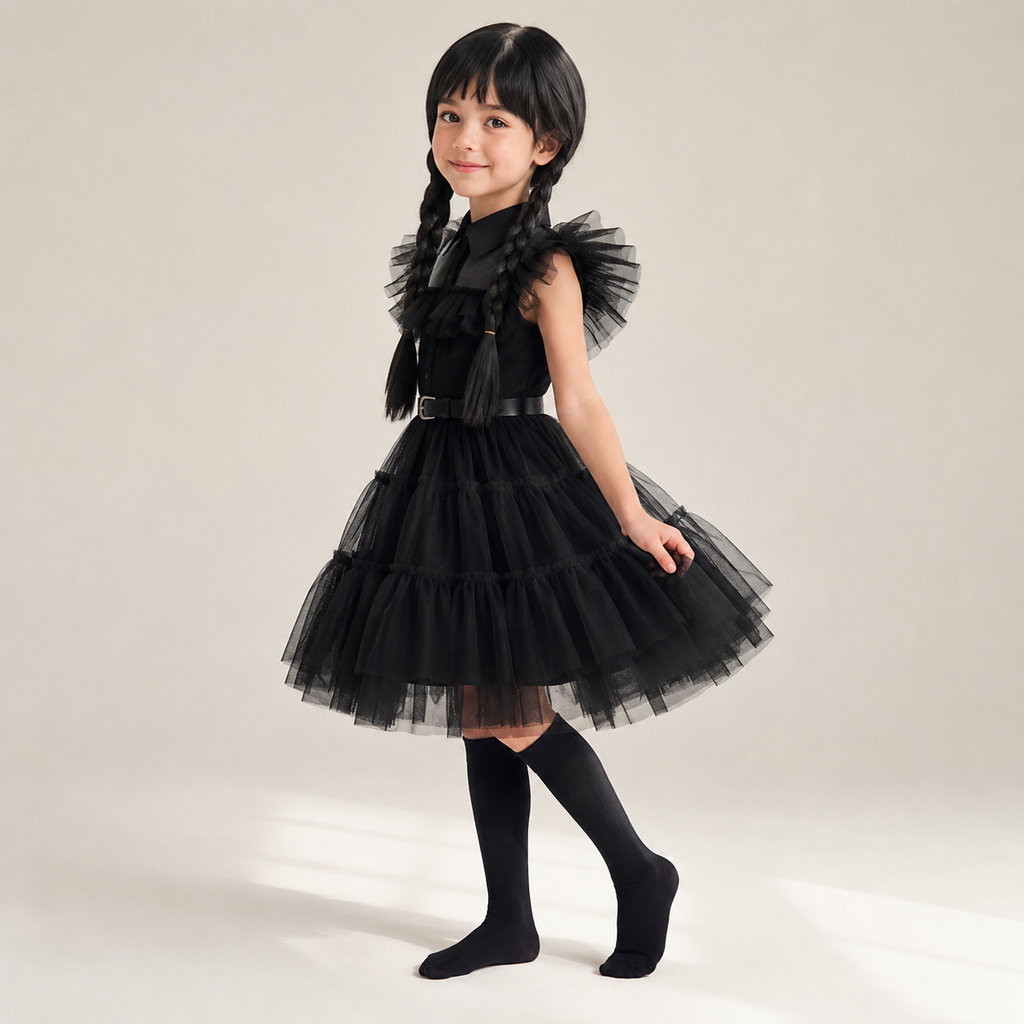Kids' Halloween gothic schoolgirl Costume Dress with Tiered Tulle Skirt Wig Wednesday - Image 1