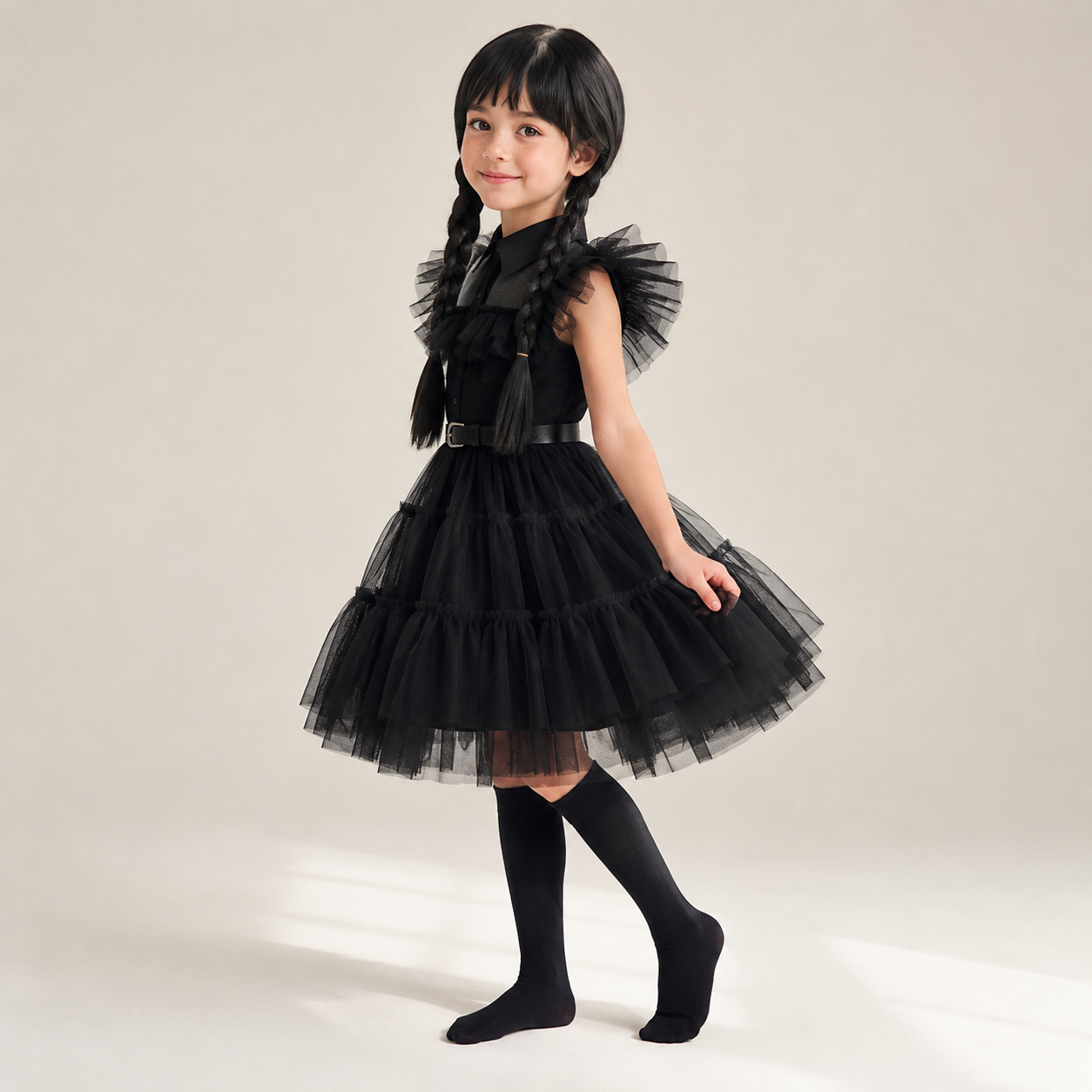 Kids' Halloween gothic schoolgirl Costume Dress with Tiered Tulle Skirt Wig Wednesday - Image 1