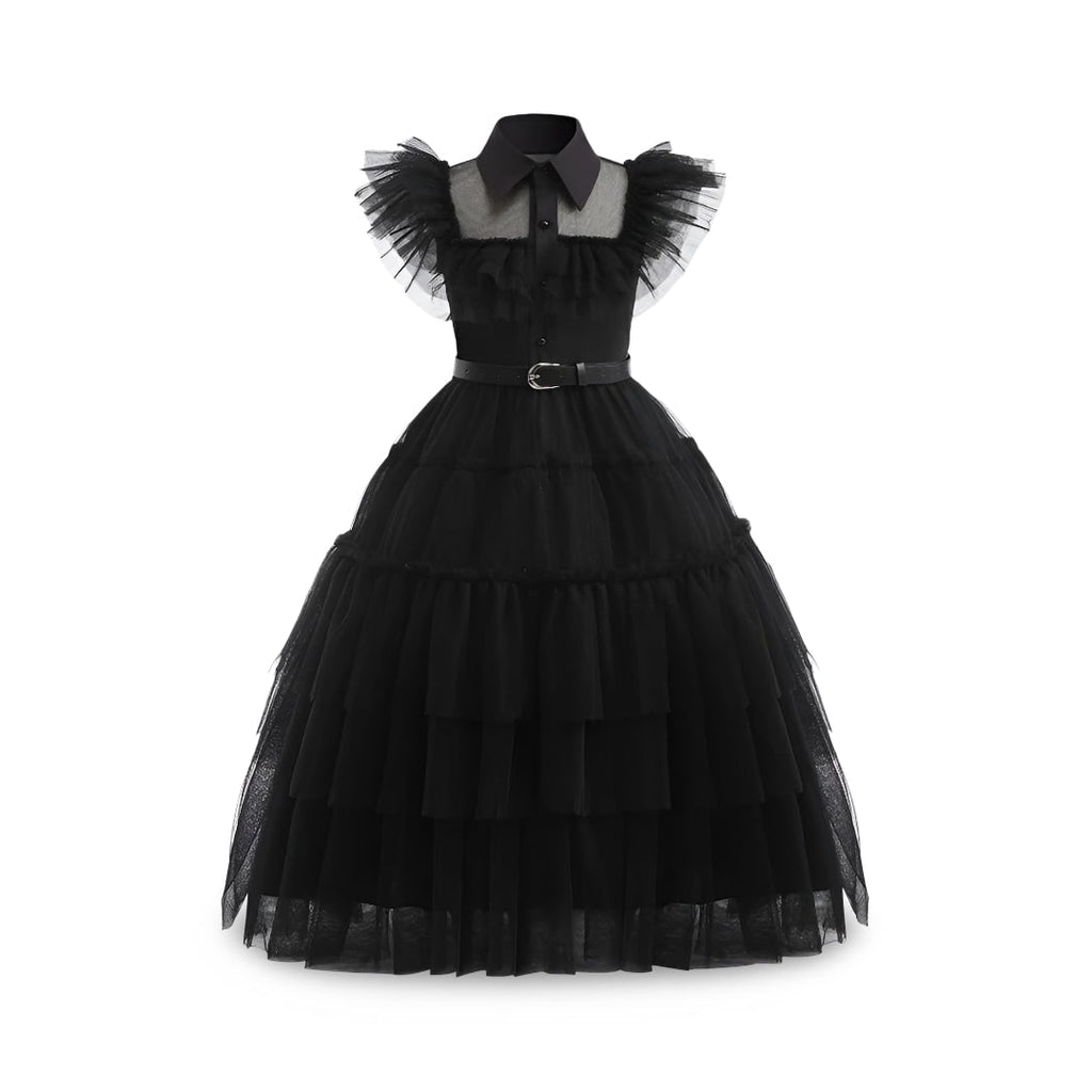 Kids' Halloween gothic schoolgirl Costume Dress with Tiered Tulle Skirt Wig Wednesday - Image 2