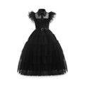 Kids' Halloween gothic schoolgirl Costume Dress with Tiered Tulle Skirt Wig Wednesday - Image 2
