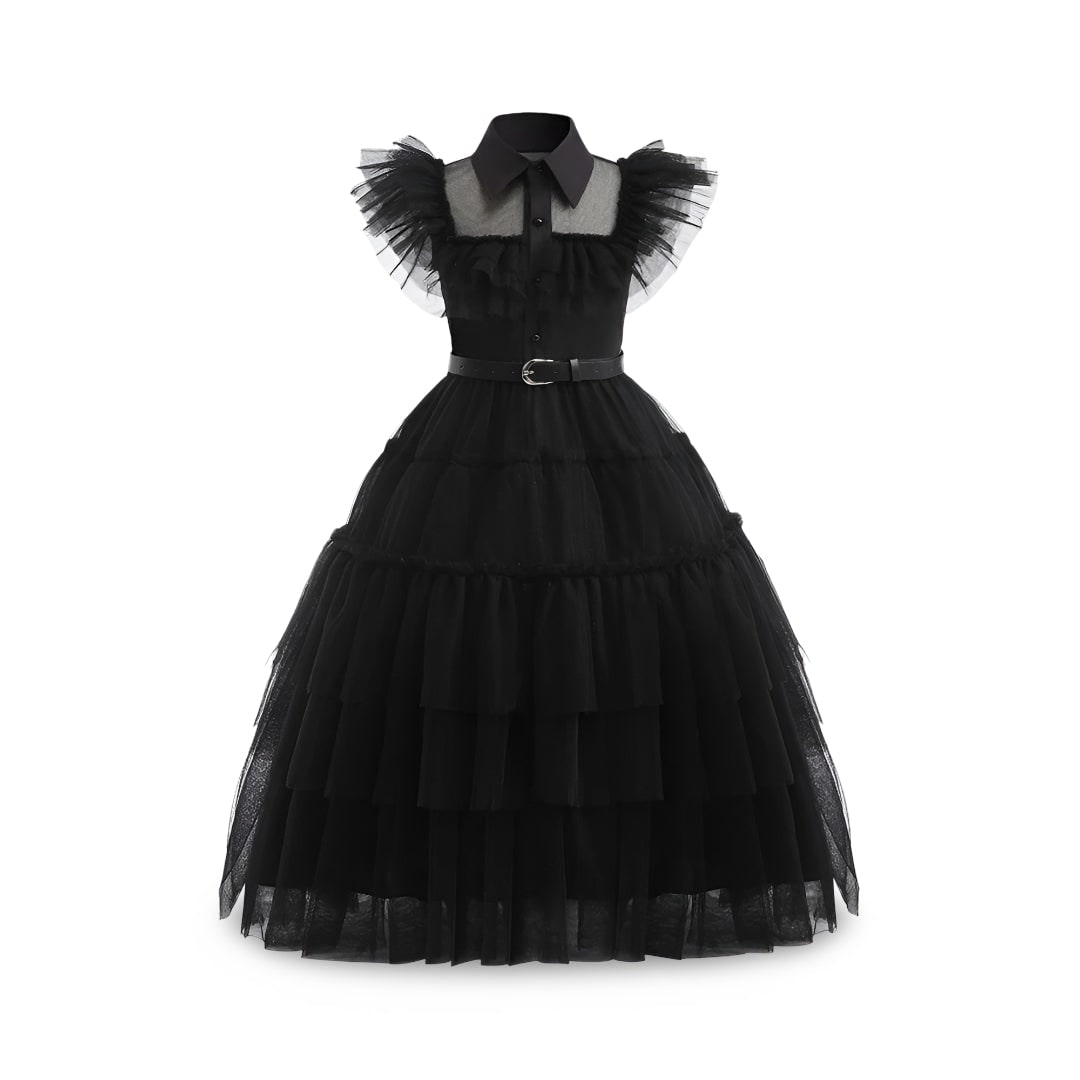 Kids' Halloween gothic schoolgirl Costume Dress with Tiered Tulle Skirt Wig Wednesday - Image 2