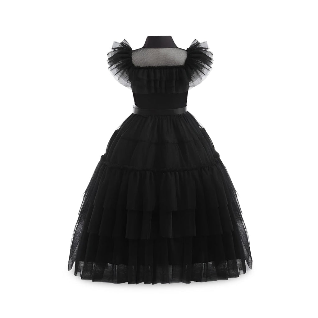 Kids' Halloween gothic schoolgirl Costume Dress with Tiered Tulle Skirt Wig Wednesday - Image 3