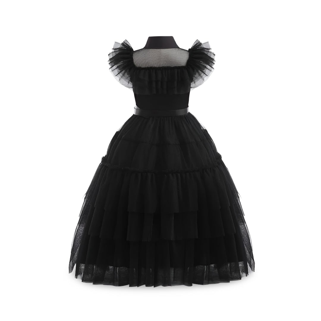 Kids' Halloween gothic schoolgirl Costume Dress with Tiered Tulle Skirt Wig Wednesday - Image 3