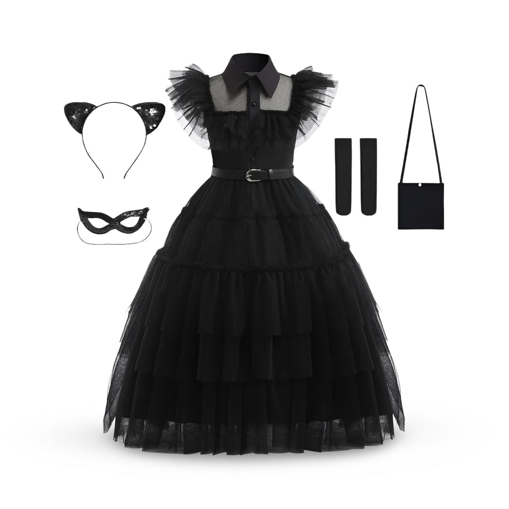 Kids' Halloween gothic schoolgirl Costume Dress with Tiered Tulle Skirt Wig Wednesday - Image 4