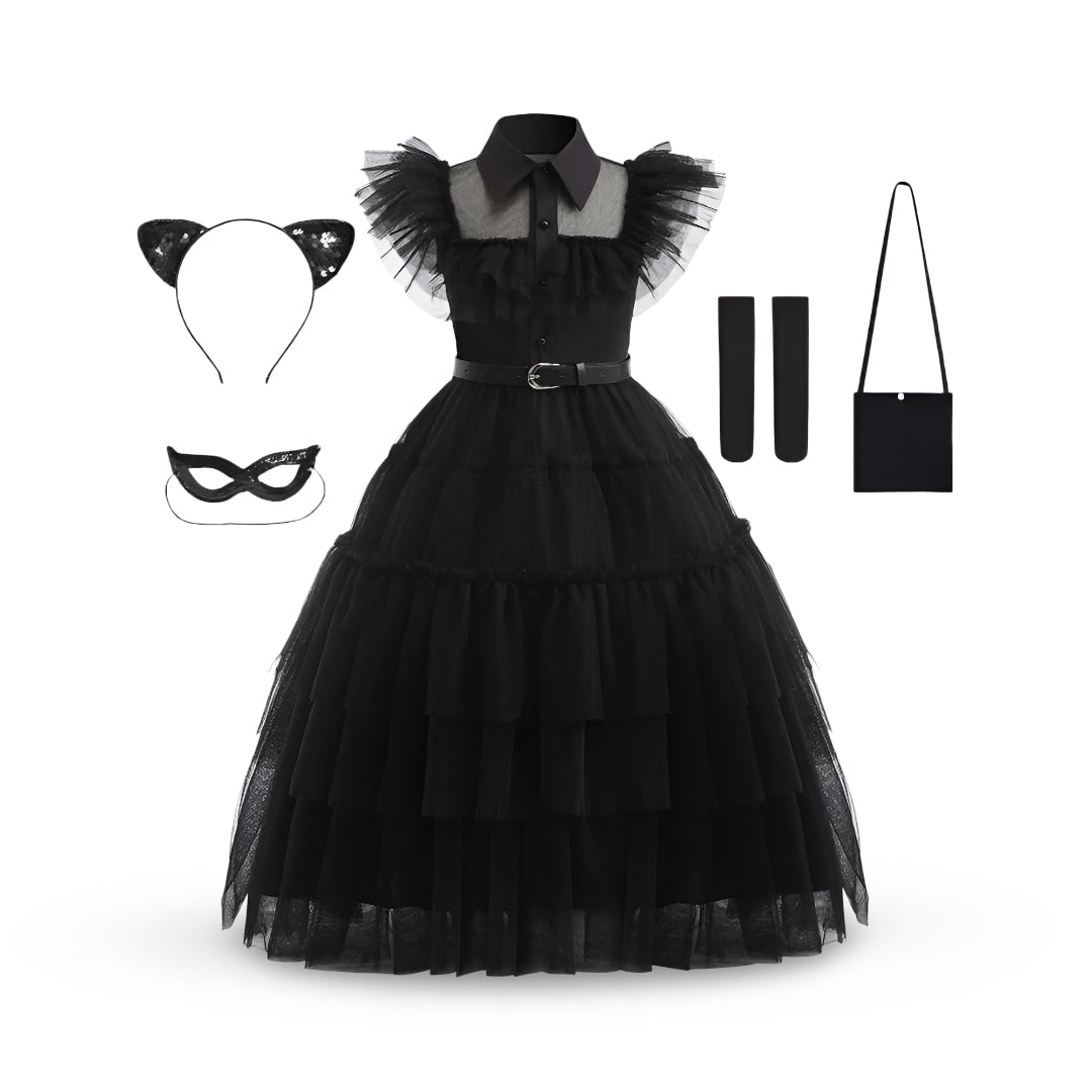 Kids' Halloween gothic schoolgirl Costume Dress with Tiered Tulle Skirt Wig Wednesday - Image 4