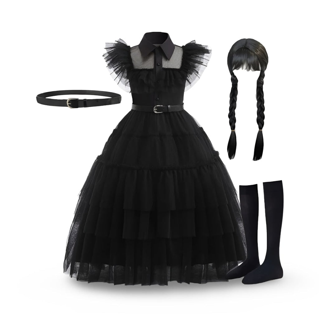 Kids' Halloween gothic schoolgirl Costume Dress with Tiered Tulle Skirt Wig Wednesday - Image 5