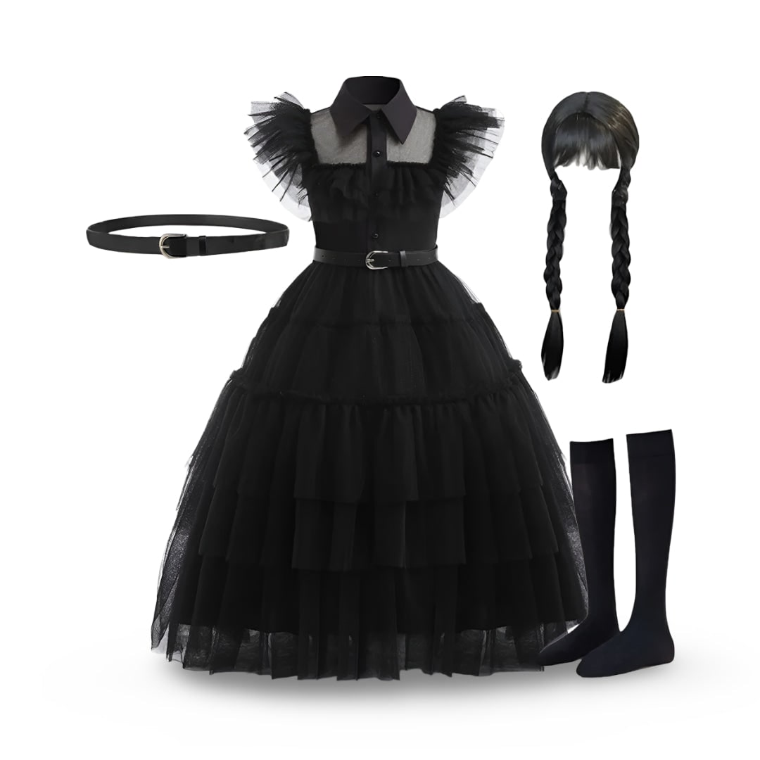 Kids' Halloween gothic schoolgirl Costume Dress with Tiered Tulle Skirt Wig Wednesday - Image 5
