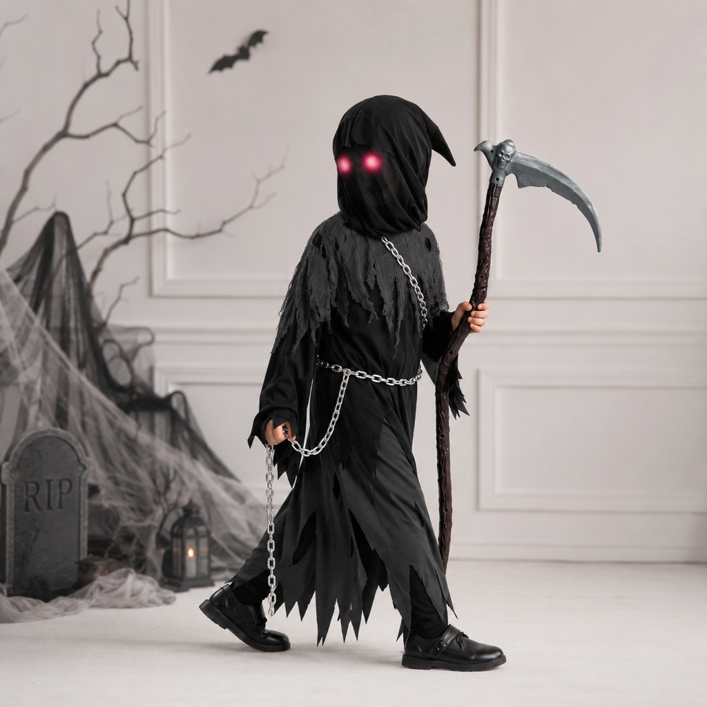 Kids' Halloween Grim Reaper Costume with Glowing Eyes and Toy Scythe - Image 1
