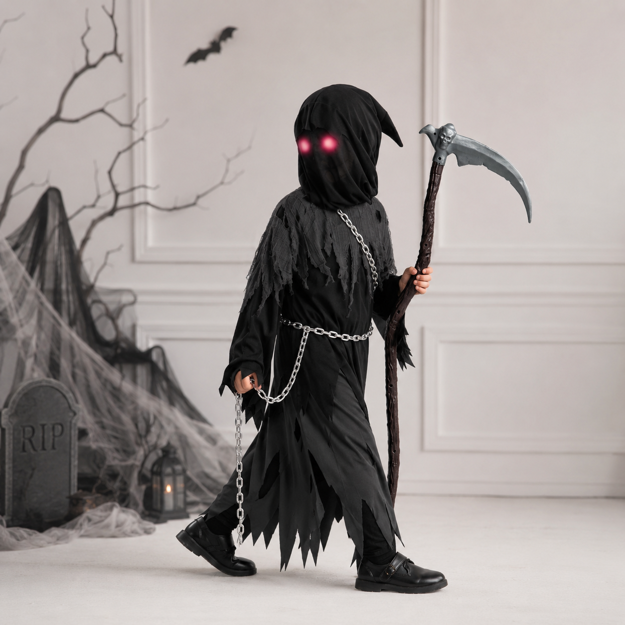 Kids' Halloween Grim Reaper Costume with Glowing Eyes and Toy Scythe - Image 1