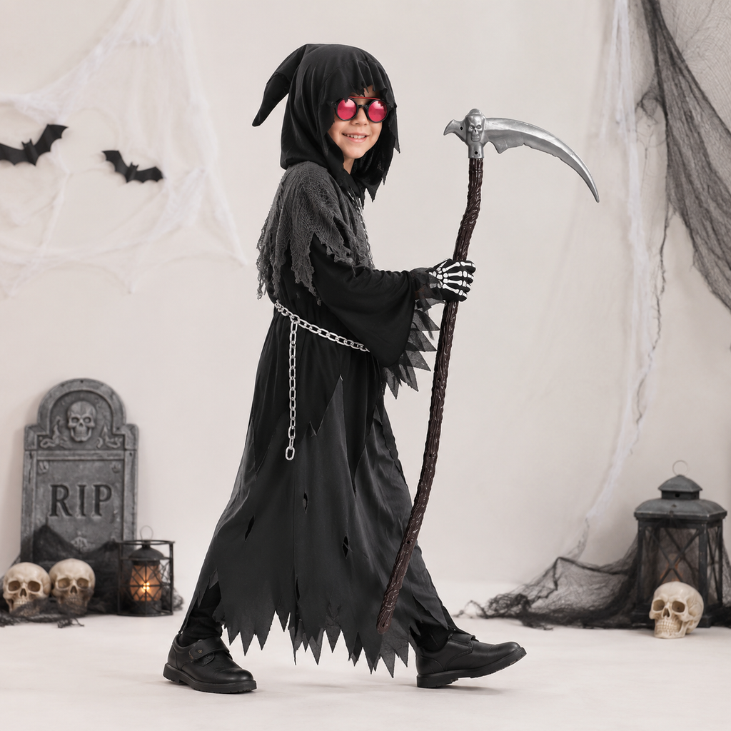 Kids' Halloween Grim Reaper Costume with Glowing Eyes and Toy Scythe - Image 2