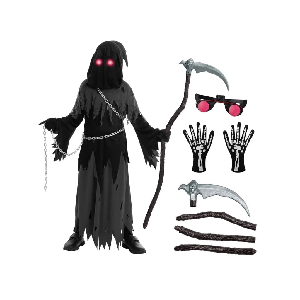 Kids' Halloween Grim Reaper Costume with Glowing Eyes and Toy Scythe - Image 3