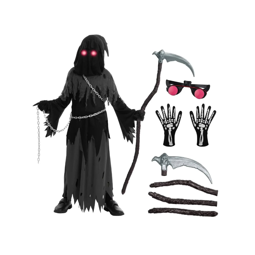 Kids' Halloween Grim Reaper Costume with Glowing Eyes and Toy Scythe - Image 3