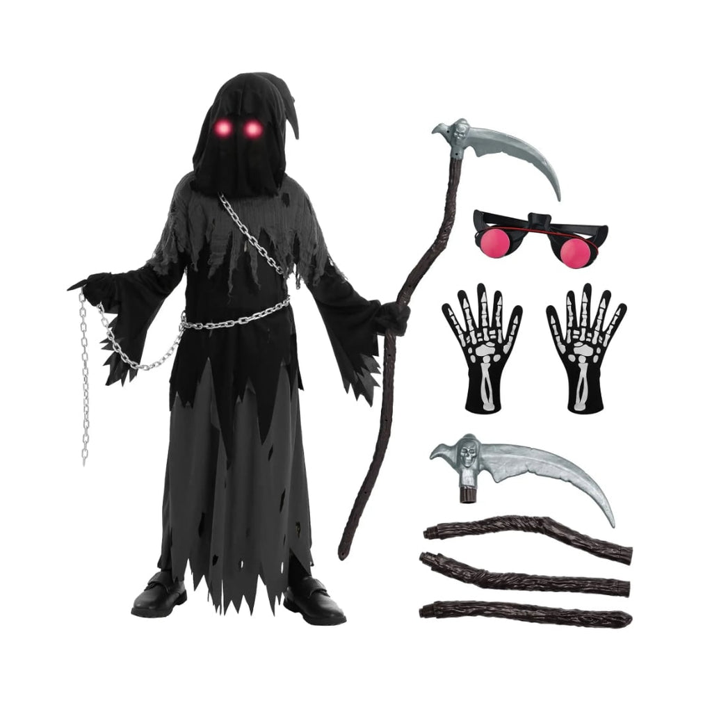 Kids' Halloween Grim Reaper Costume with Glowing Eyes and Toy Scythe - Image 4